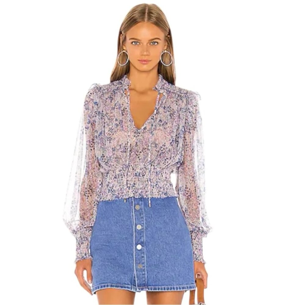 Free People Sheer Floral Blouson Top in Lavender Pink